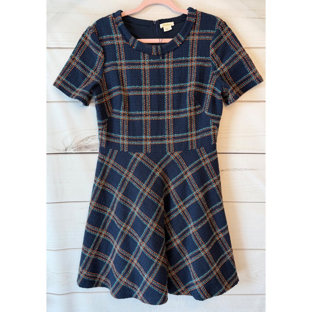 Shoshanna Navy Blue Plaid Tweed Fit and Flare Mini Dress Size 8 Short Sleeve